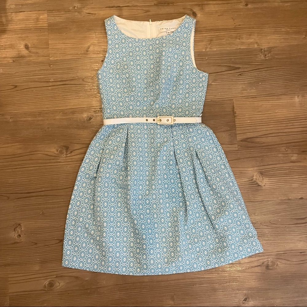 Trina Turk Light Blue and White Sleeveless Mini Dress with Belt